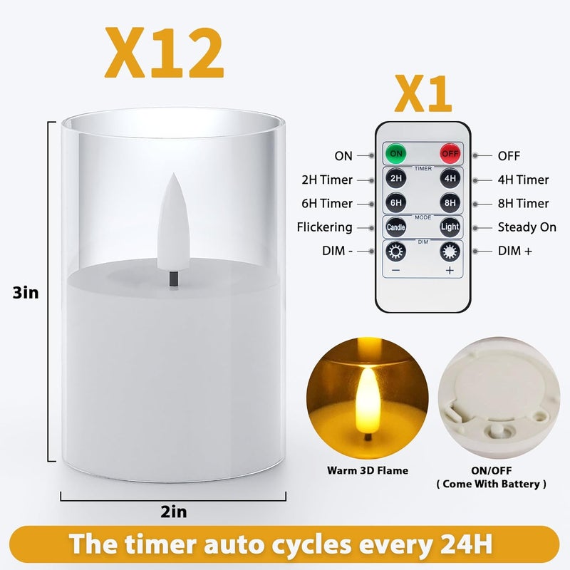 VIODAIM 12Pack Flickering Flameless LED Candles with Remote & Timer, Battery Powered - Small Pillar & Votive, Clear (2"X3") - Image 2